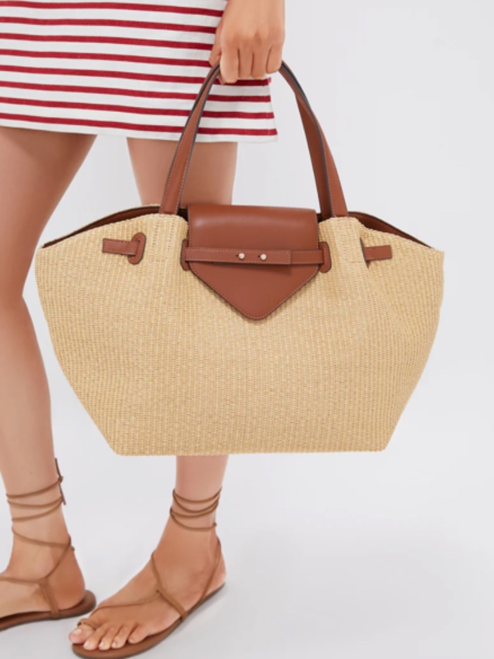 Tuckernuck Raffia Blaine Tote. Straw colored raffia w/ camel cow leather trim - Picture 3 of 9